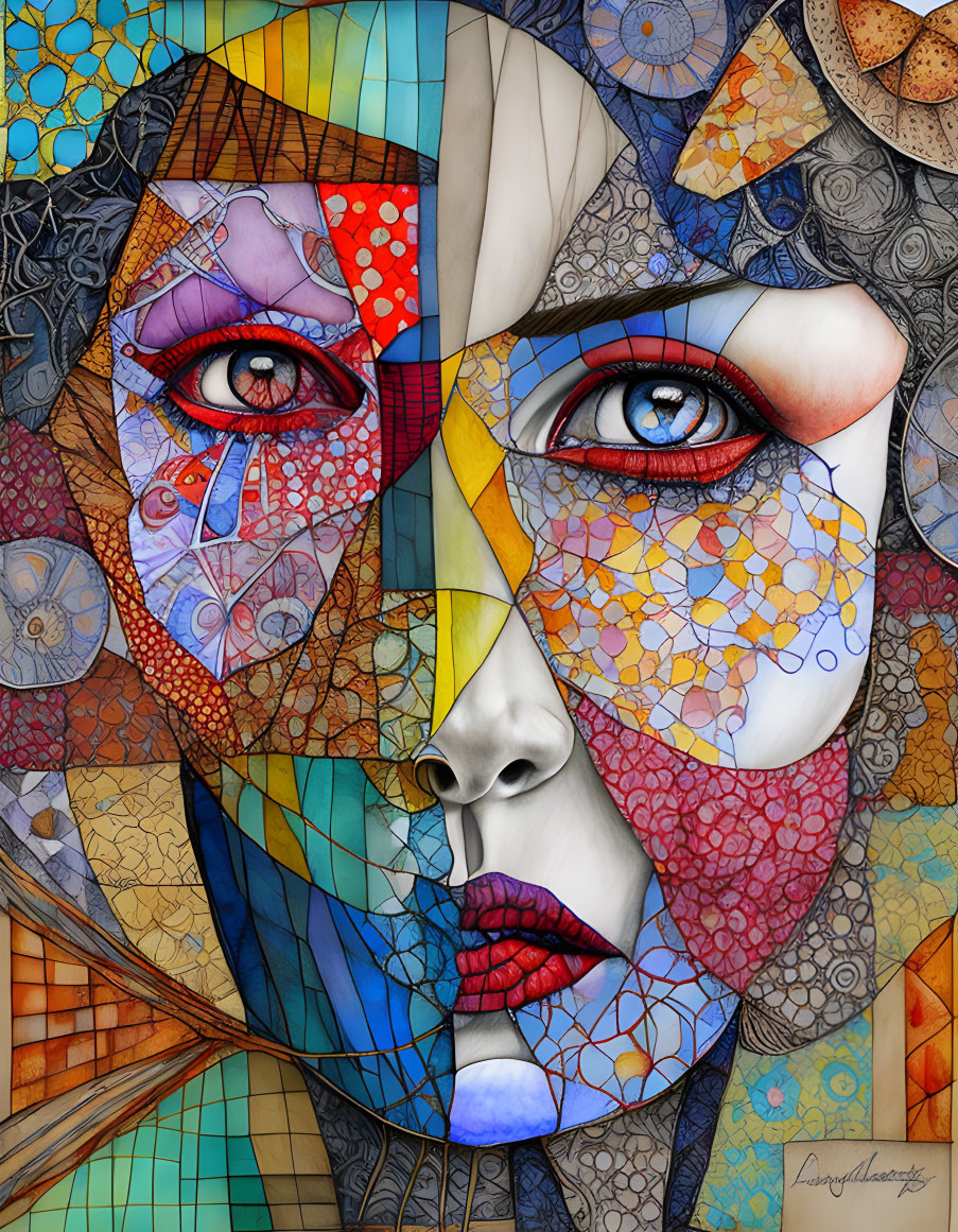 Vivid mosaic digital artwork of a woman's face with intricate patterns