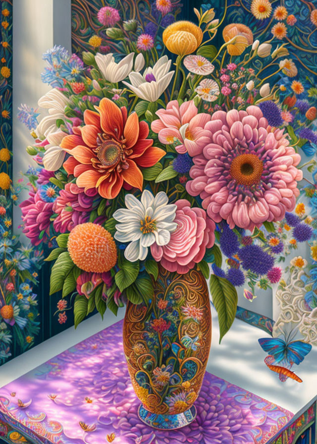 Colorful bouquet in ornate vase with butterfly on patterned surface