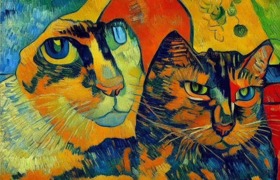 Colorful stylized cat artwork with bold patterns in expressionist style