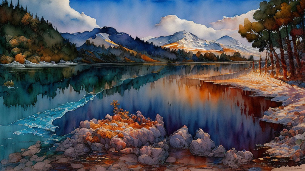 Serene lake with autumn trees and snow-capped mountains in watercolor