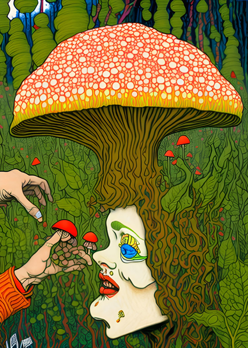 Vivid surreal artwork with large mushrooms, nature-blended face, and hand picking.