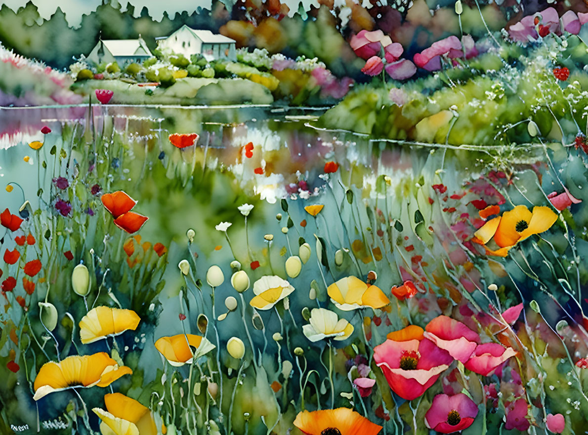 Colorful wildflower field with pond and cottage painting