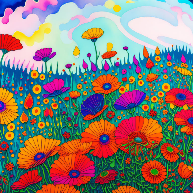 Colorful Psychedelic Floral Landscape Illustration