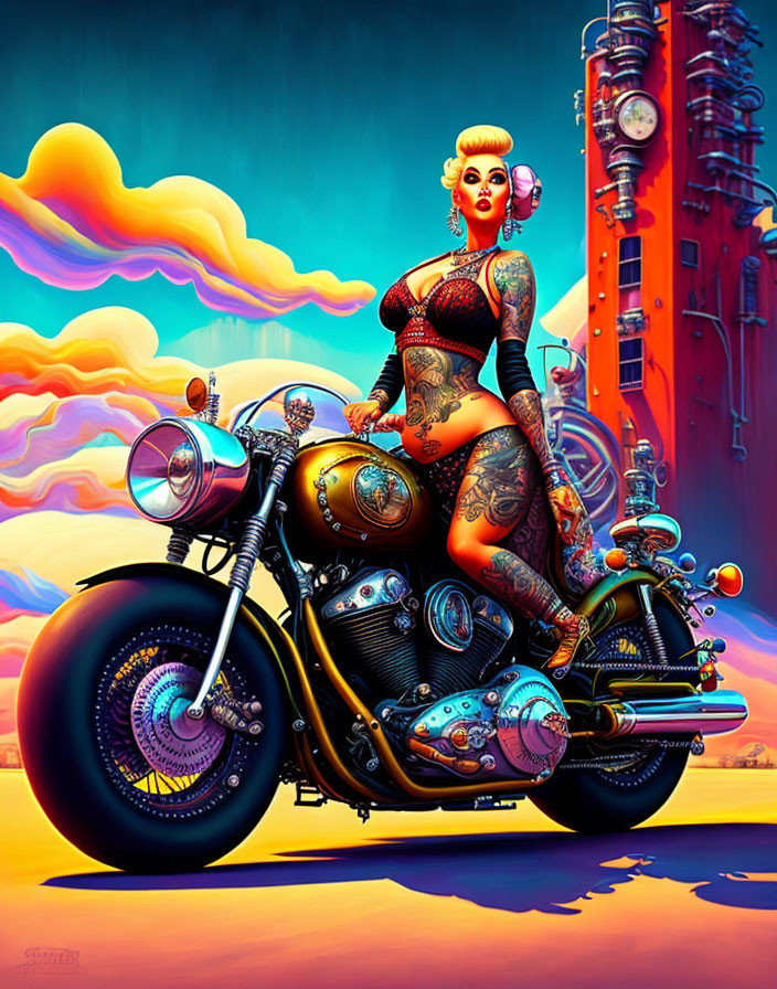 Colorful Tattooed Woman on Custom Motorcycle with Industrial Background