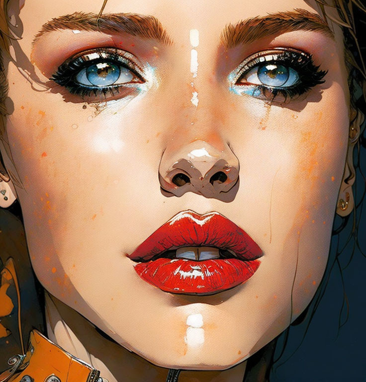 Detailed close-up of woman's face with freckles, blue eyes, and glossy red lips