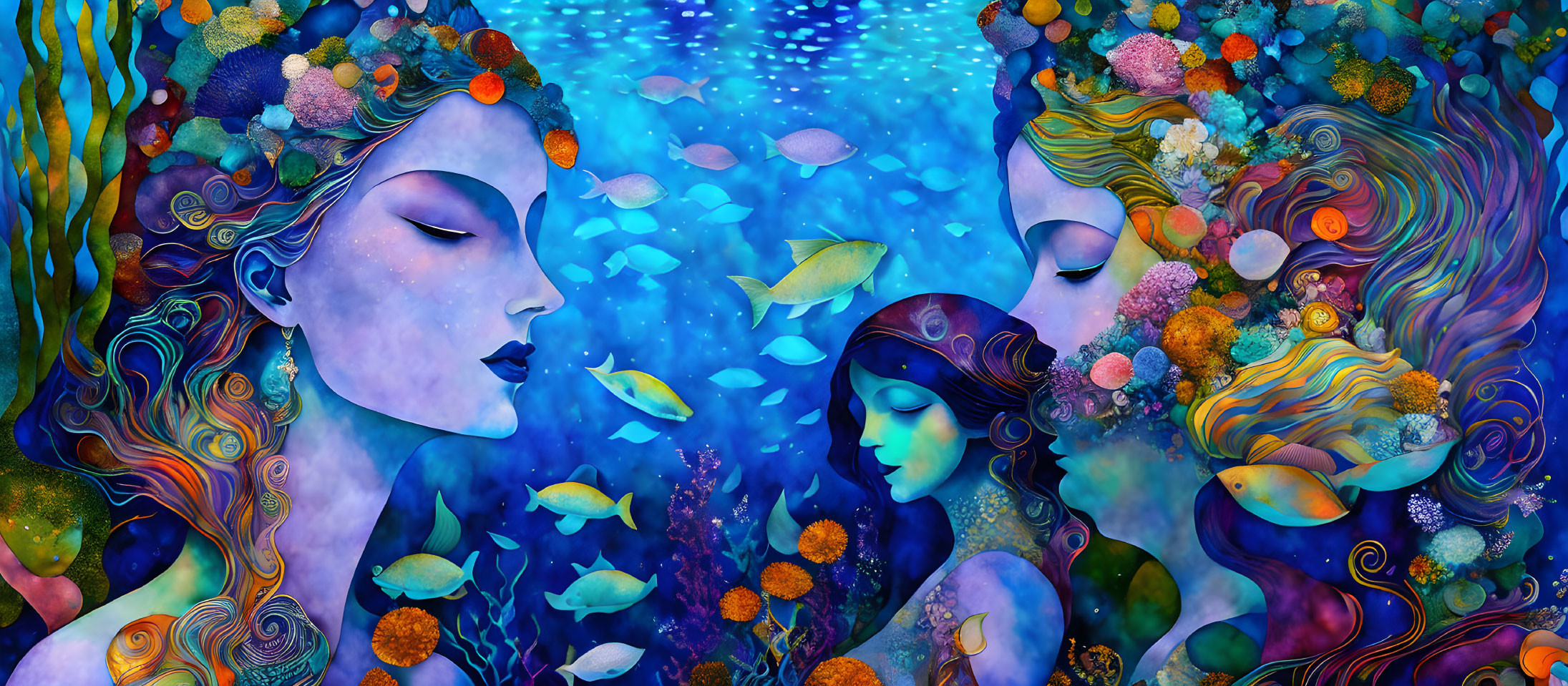 Colorful underwater scene with stylized women, fish, coral, and flora