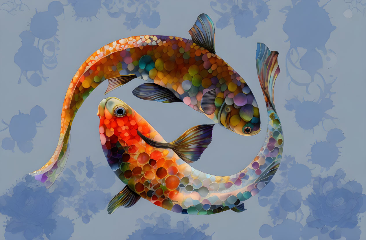 Vibrant yin-yang koi fish digital artwork with floral patterns