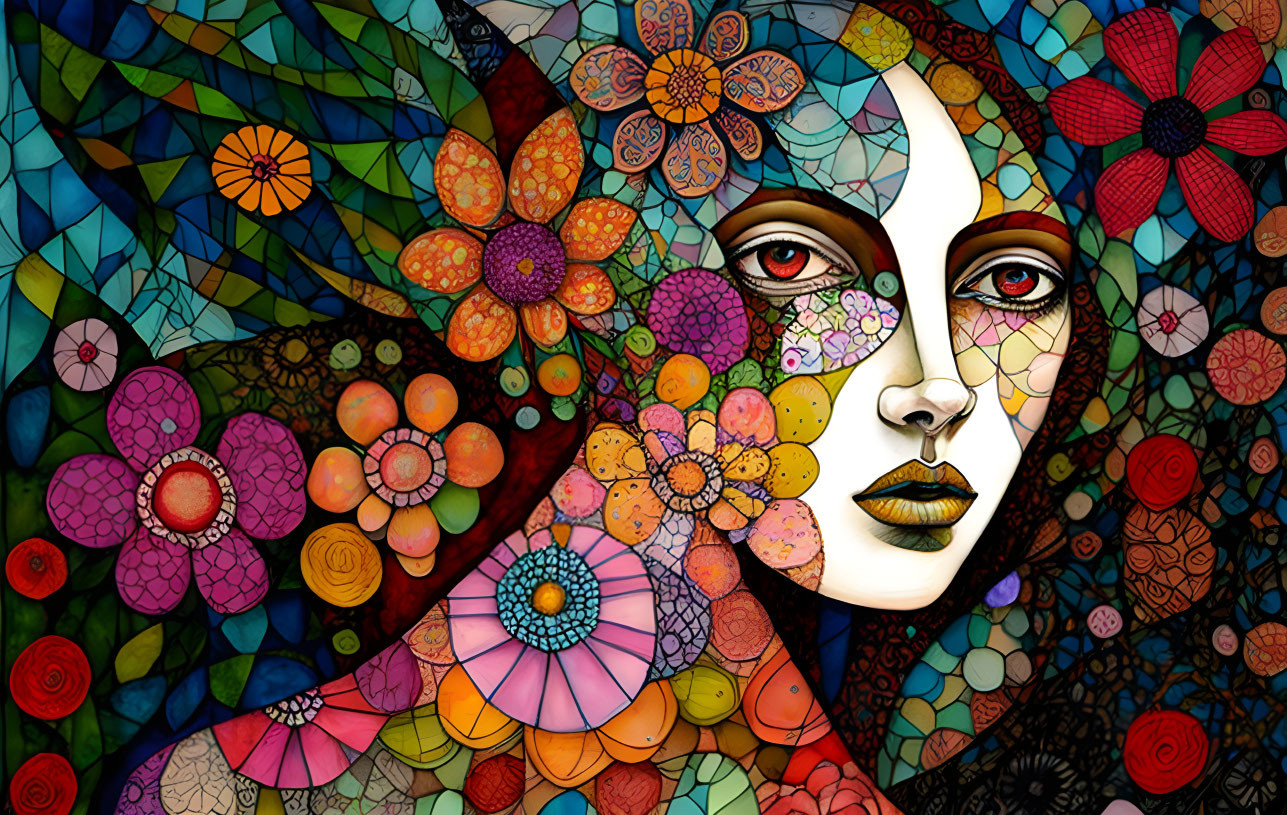 Vibrant mosaic flowers merge with woman's face in colorful design