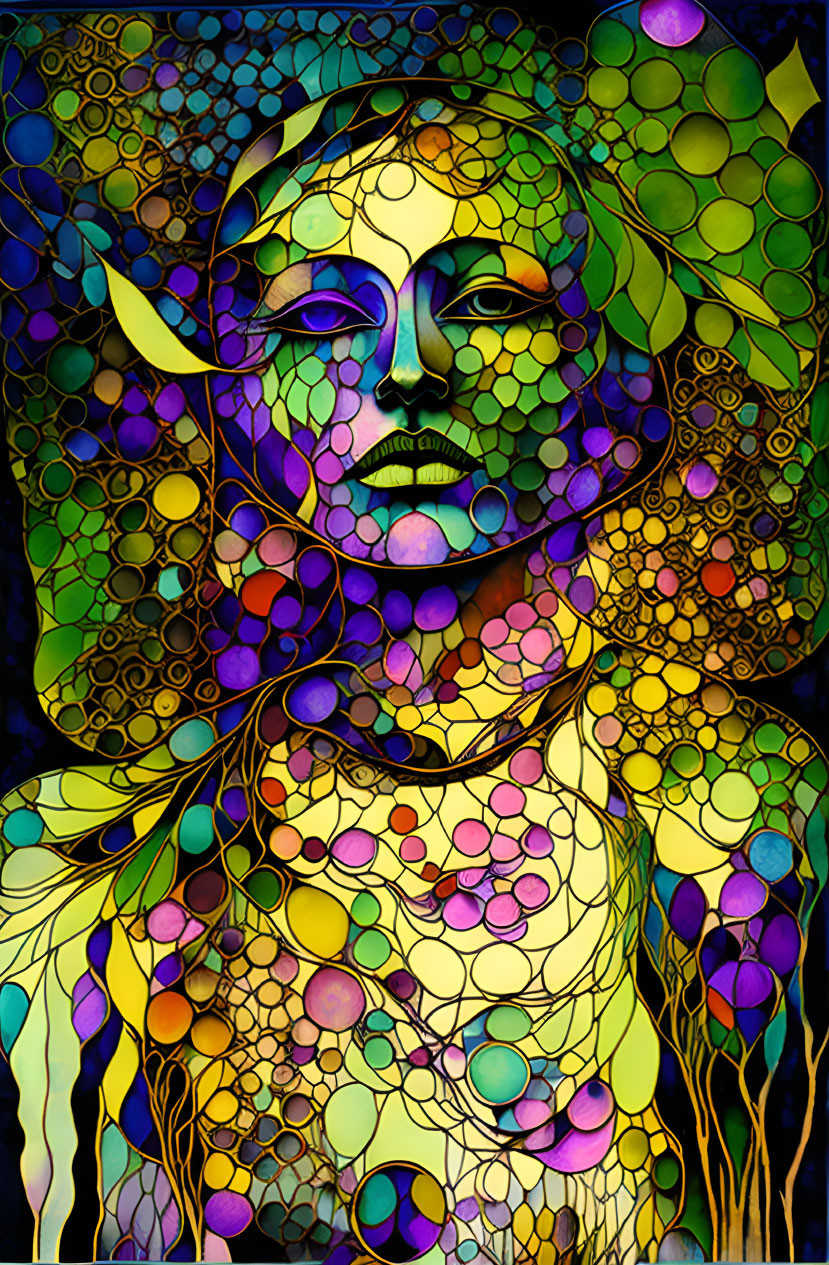 Colorful mosaic pattern on figure creates stained glass effect