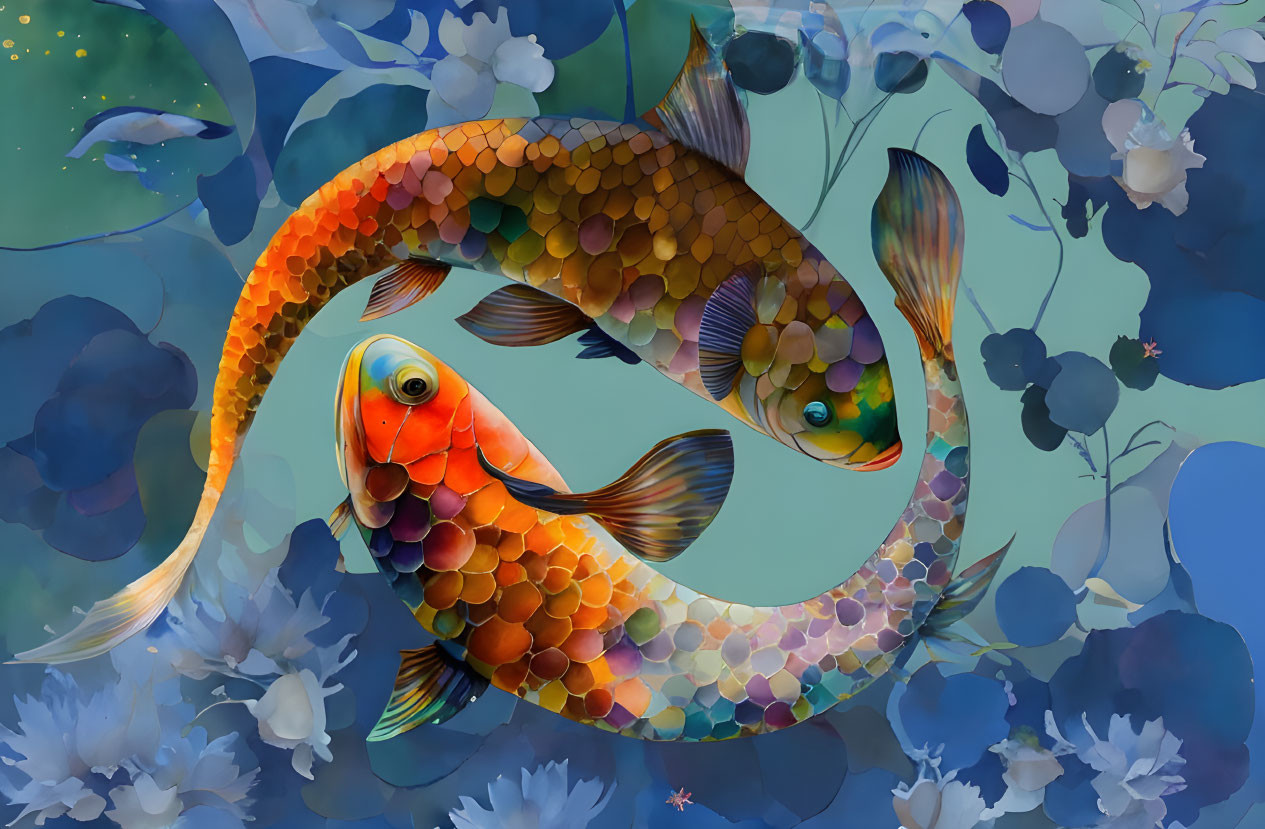 Colorful koi fish in yin-yang formation with blue water and flowers