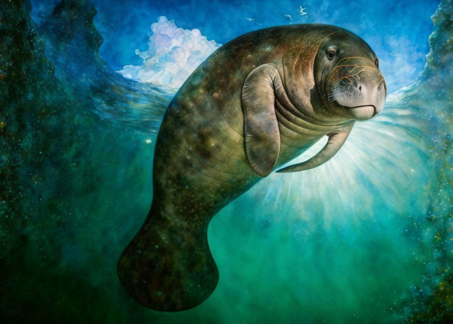 Graceful manatee swimming underwater with sunbeams highlighting its gentle face