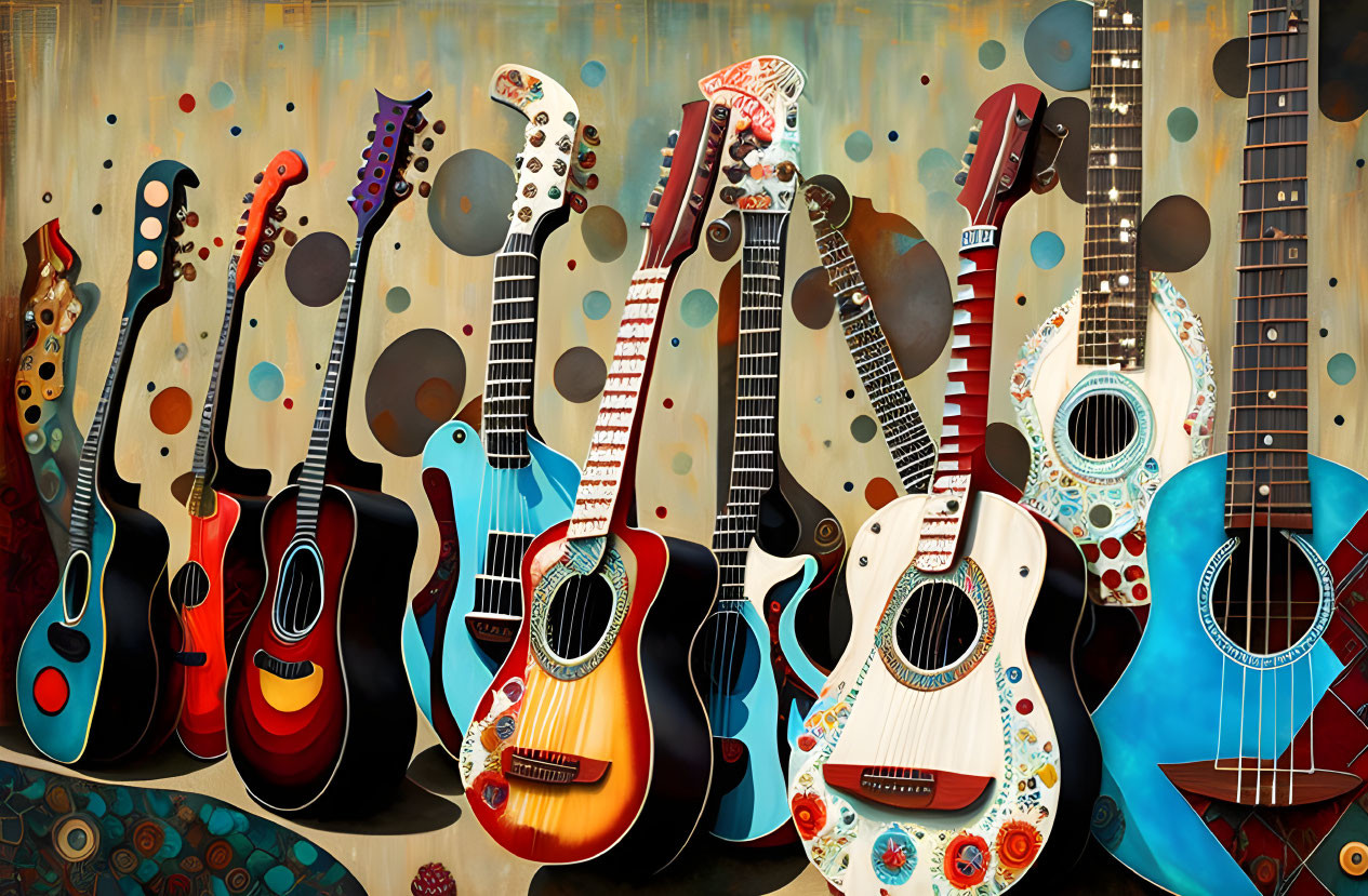 Vibrant stylized guitars with diverse patterns on abstract backdrop