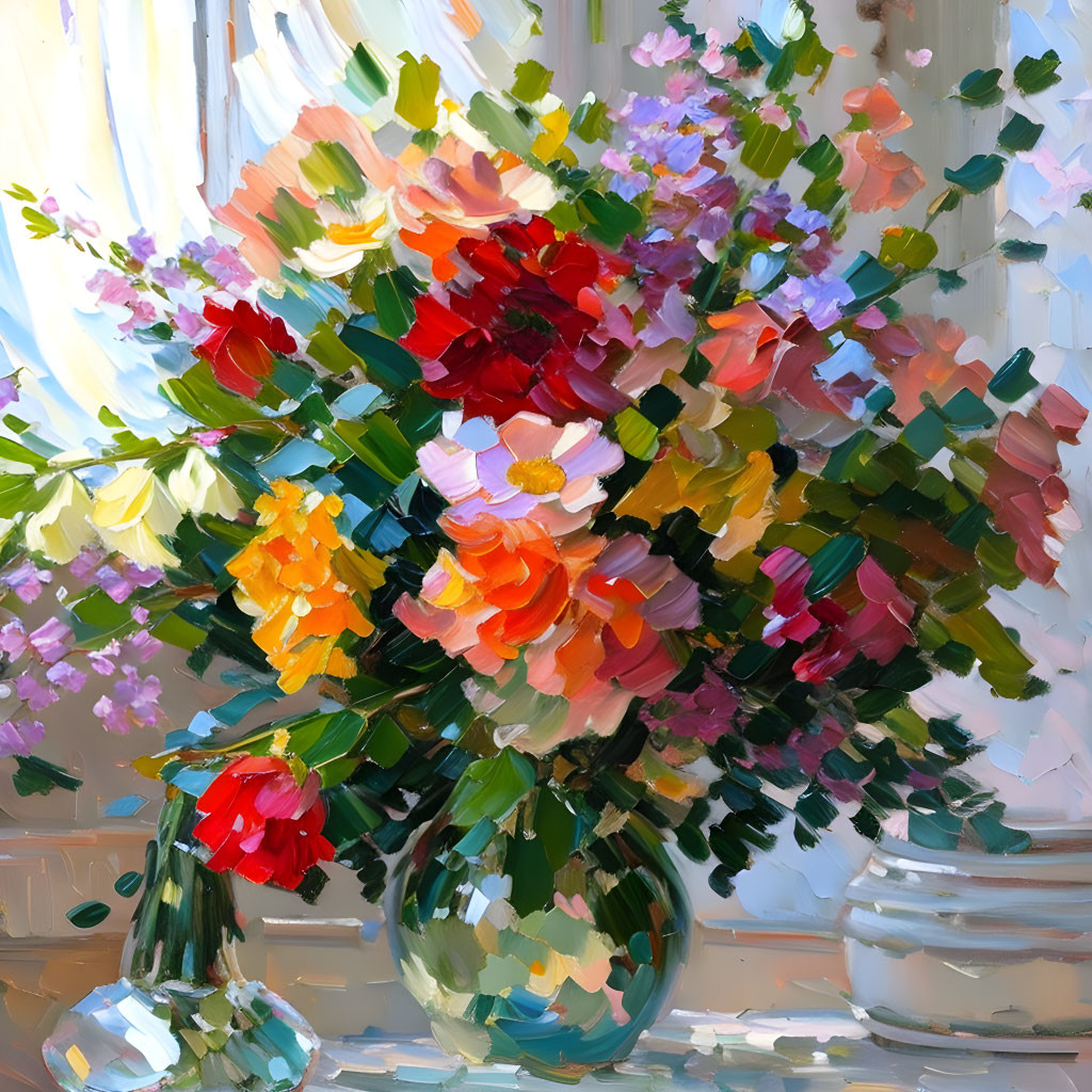 Colorful Impressionistic Painting of Multicolored Flowers in Glass Vase