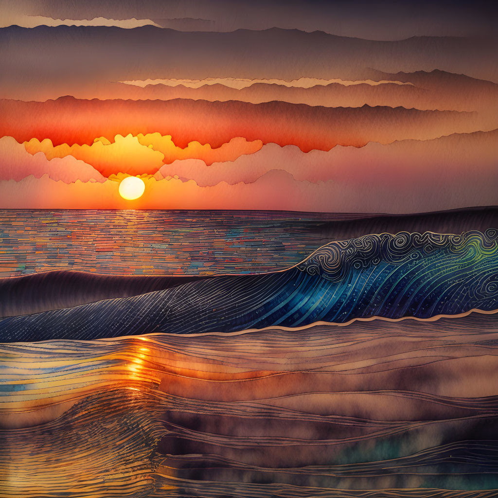 Vibrant sunset with stylized waves and decorative clouds