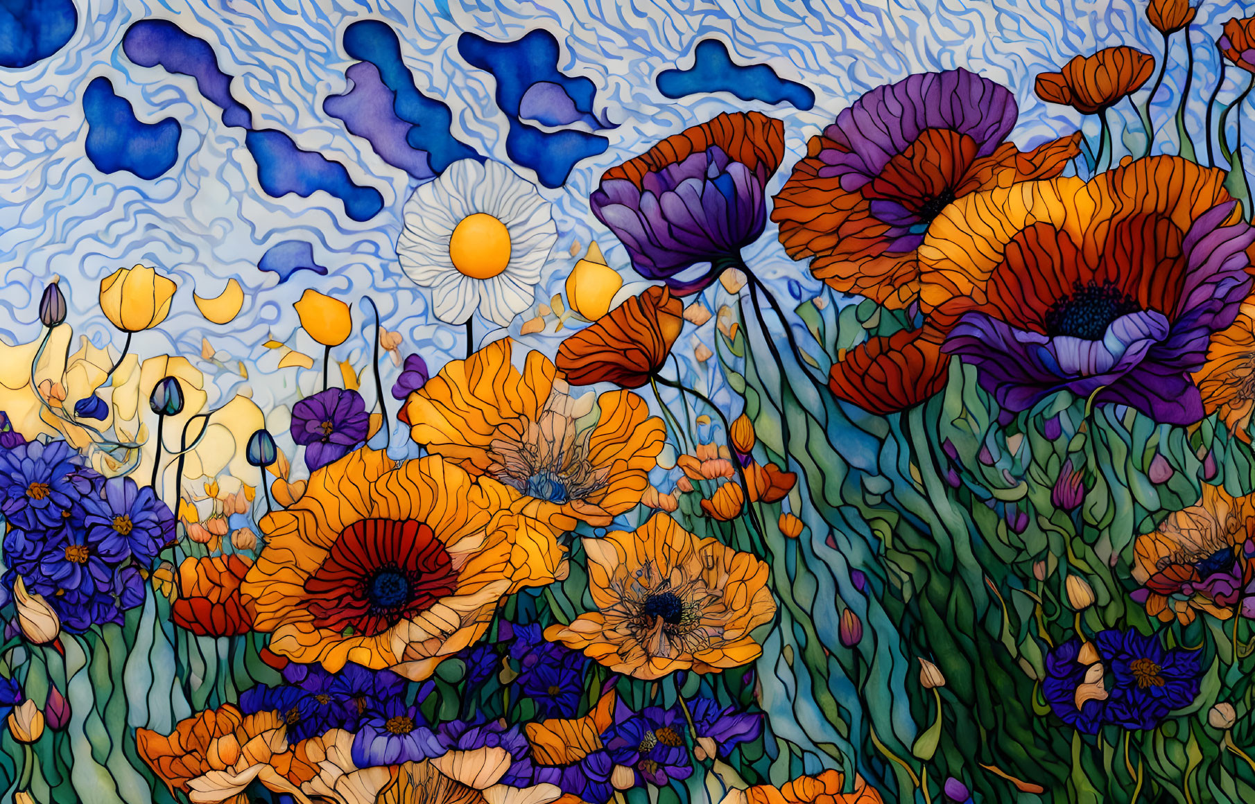 Colorful Stained Glass Artwork: Poppies & Flowers on Blue Background