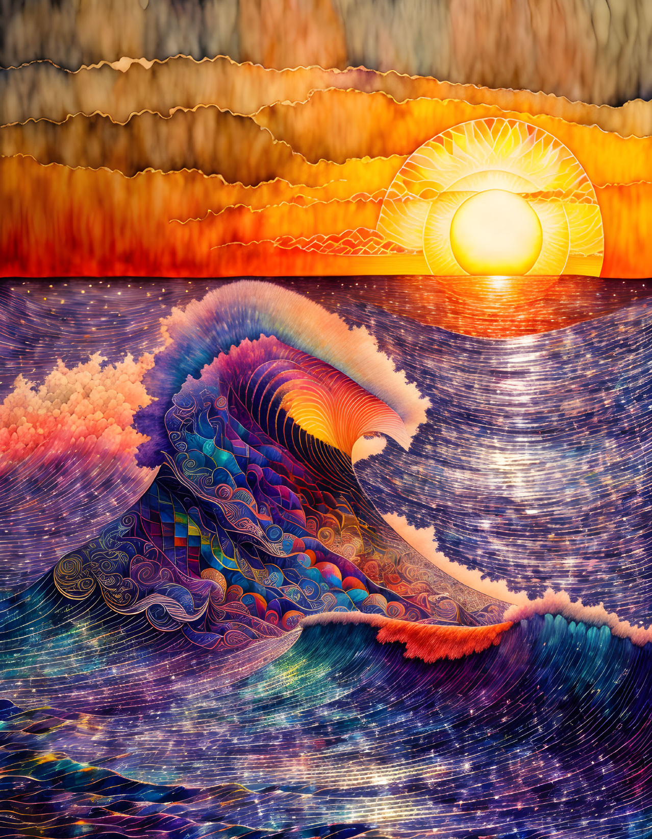 Colorful Stylized Wave Artwork with Sun and Cloudy Sky