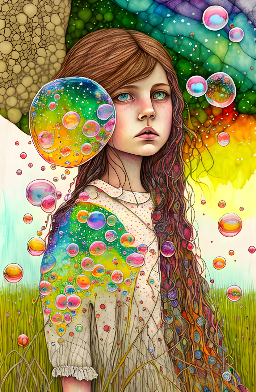 Girl with deep blue eyes and wavy hair surrounded by colorful bubbles and plants in fractal background.