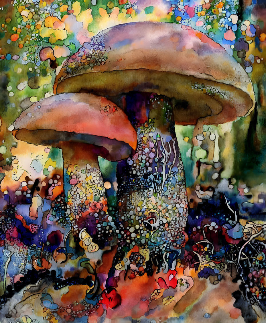 Colorful Watercolor Painting of Whimsical Mushrooms in Abstract Forest