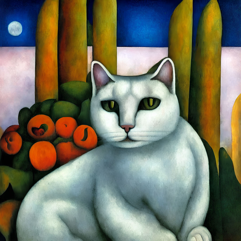 Stylized artwork of a white cat with yellow eyes in colorful nature