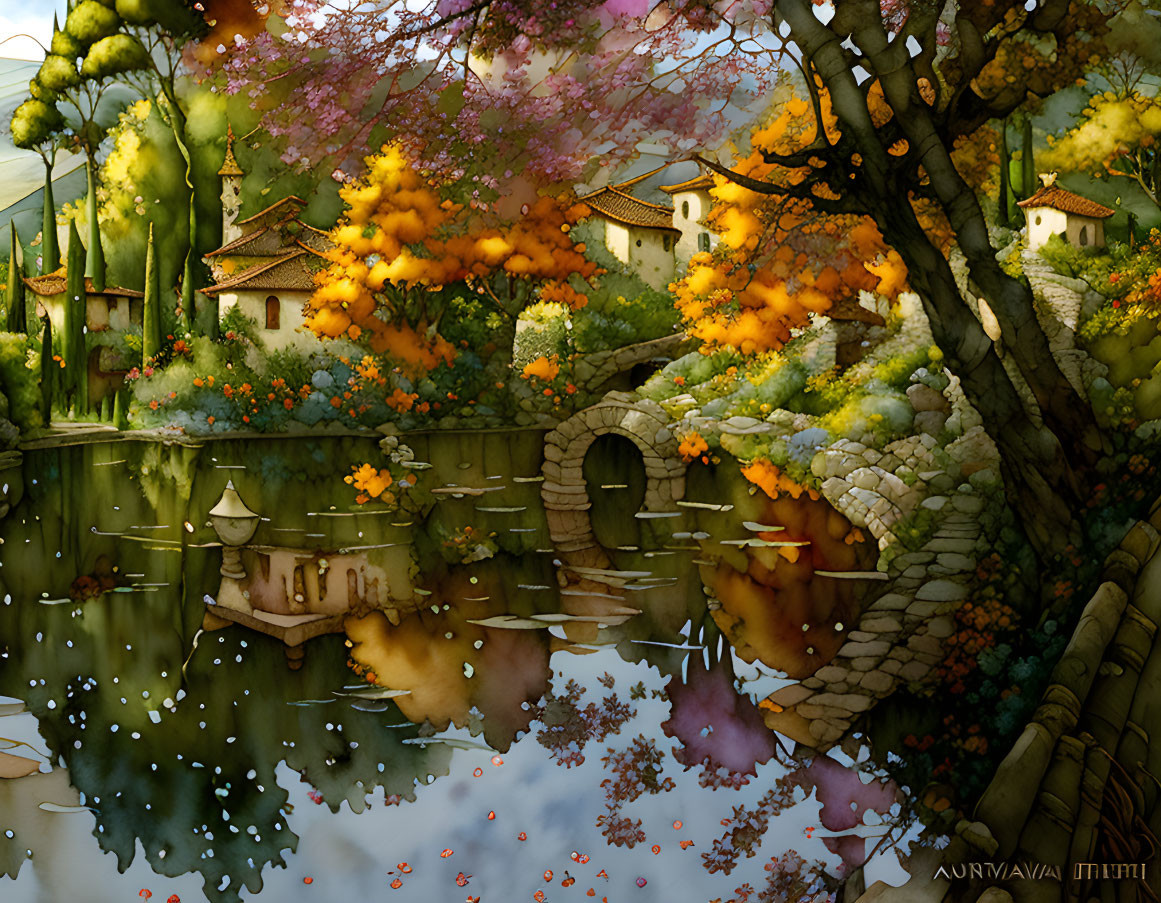 Tranquil autumn landscape with stone bridge, pond, colorful trees.