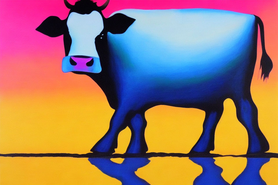 Colorful Cow Illustration with Blue Gradient on Pink and Yellow Background