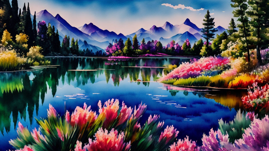 Colorful flowers and serene lake painting with mountains and pink sky