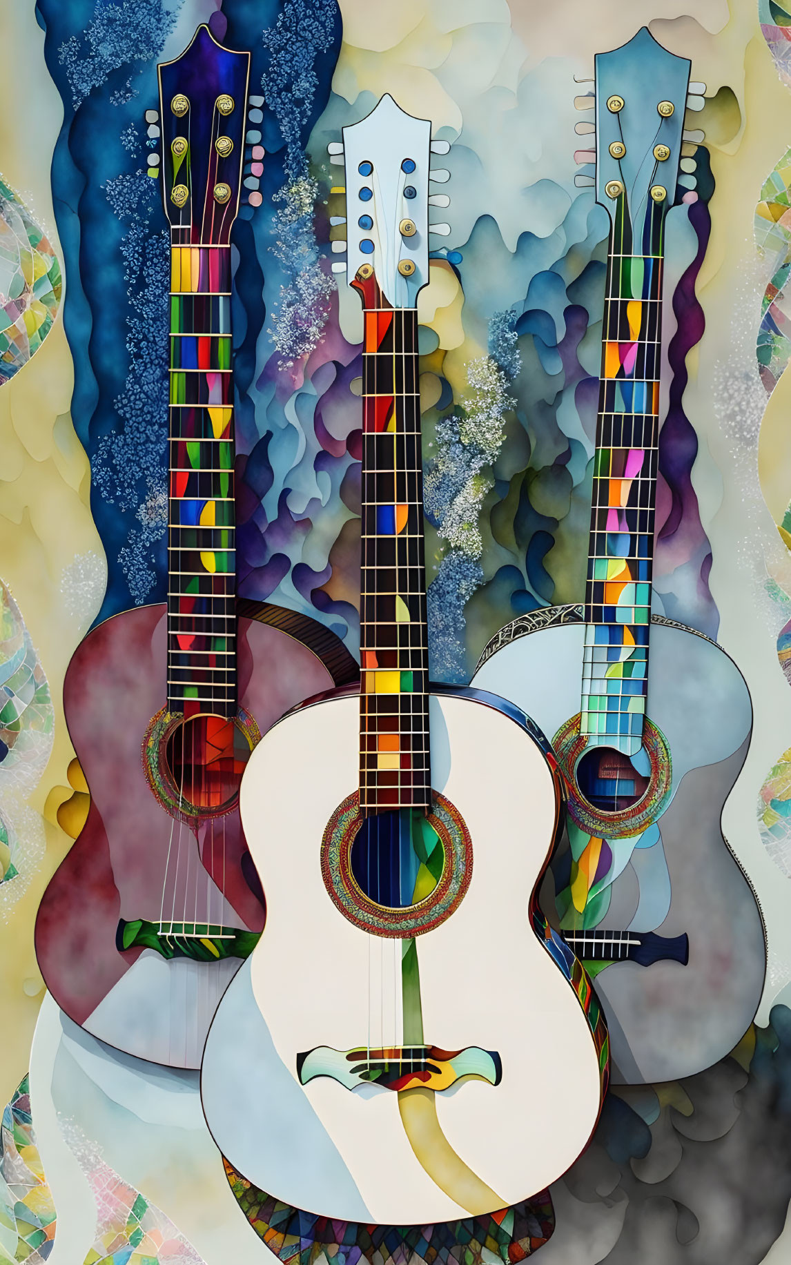 Colorful Abstract Art Background Featuring Three Vibrant Guitars