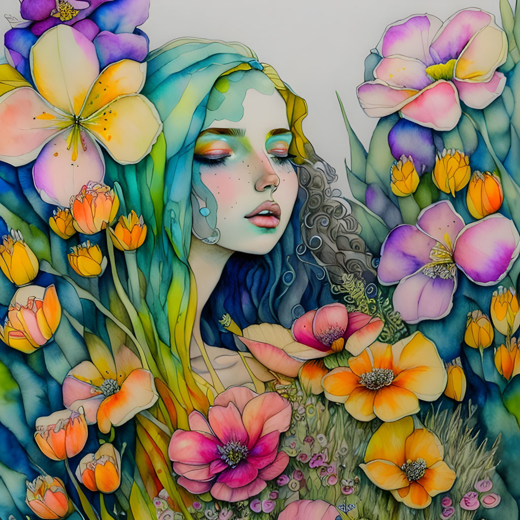 Colorful illustration of person with green hair and flowers in dreamy setting