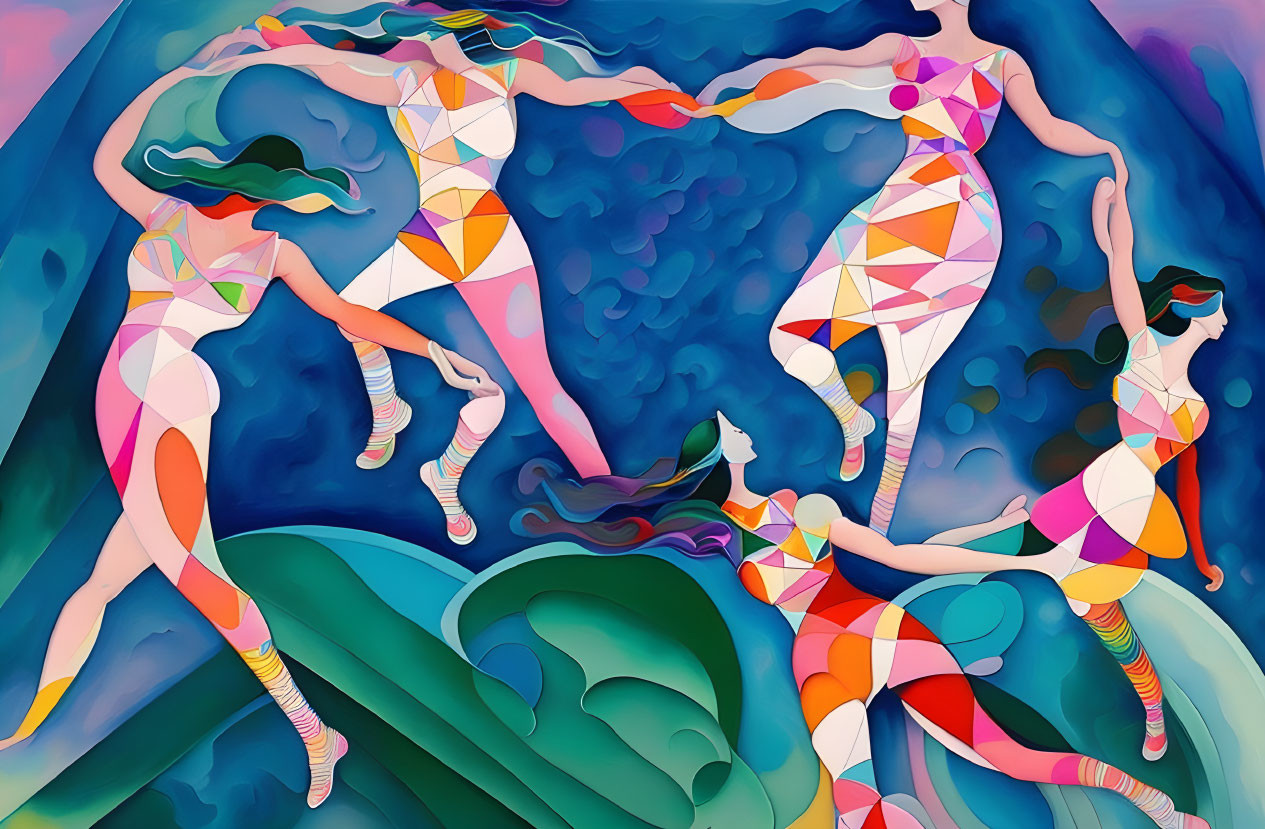 Abstract Artwork: Geometric Female Figures in Dynamic Poses