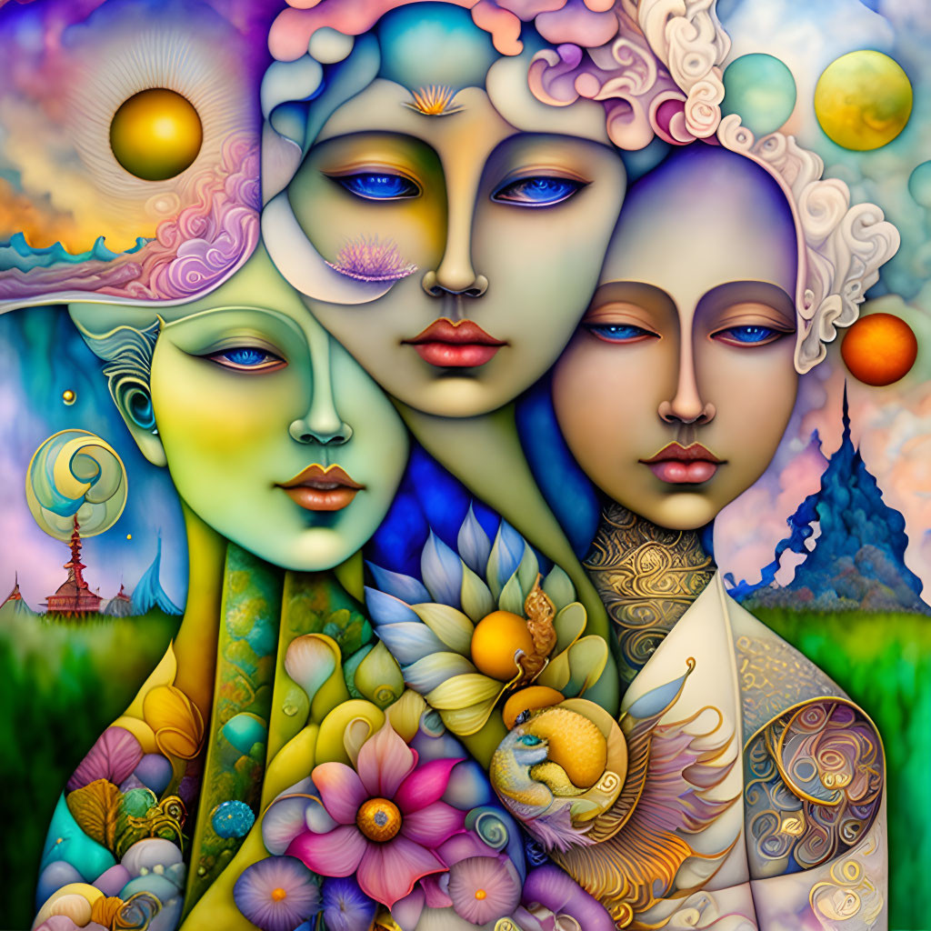 Surreal Artwork: Three Faces with Celestial and Floral Motifs