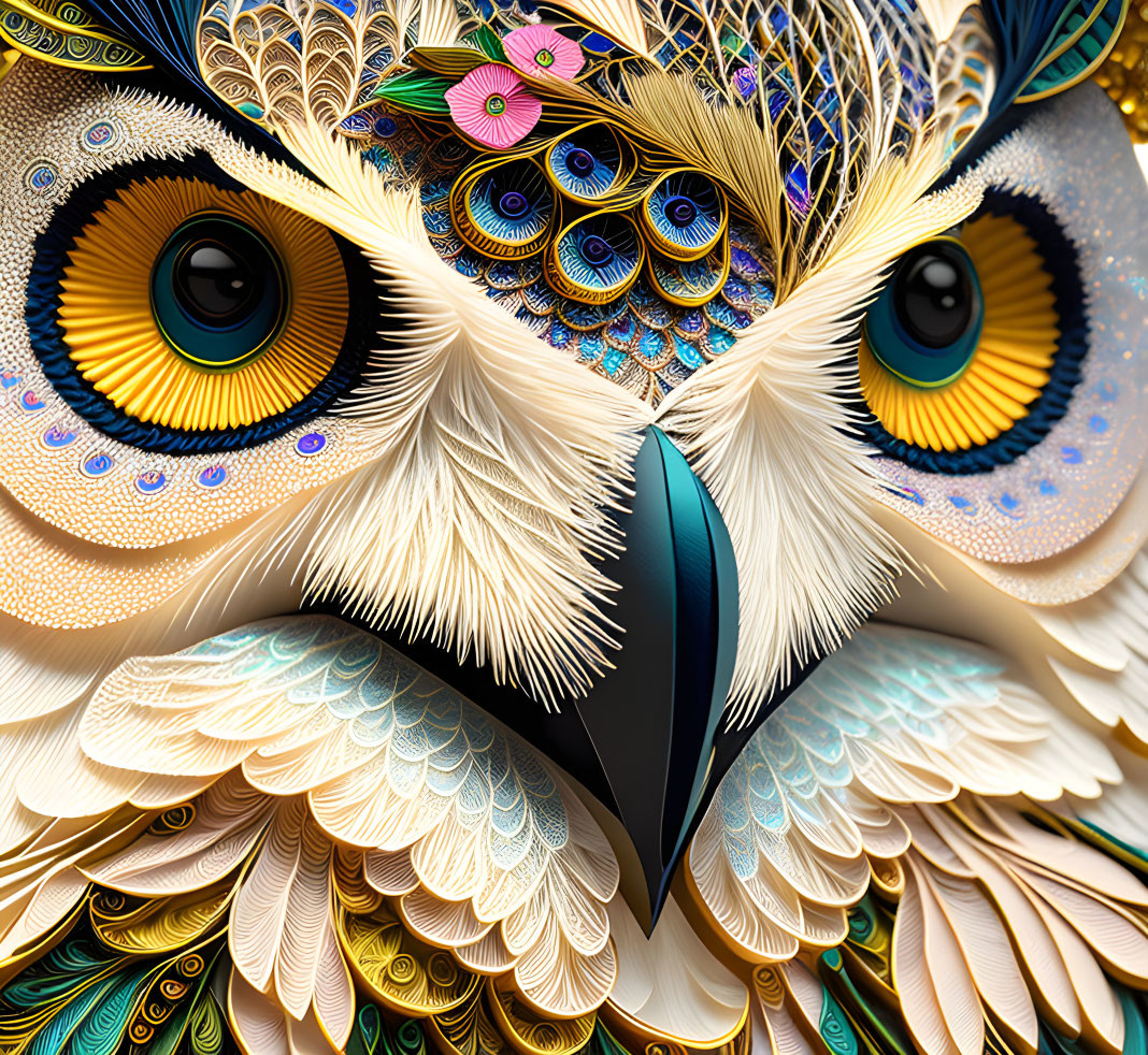 Colorful Owl Artwork with Eye-like Feather Patterns