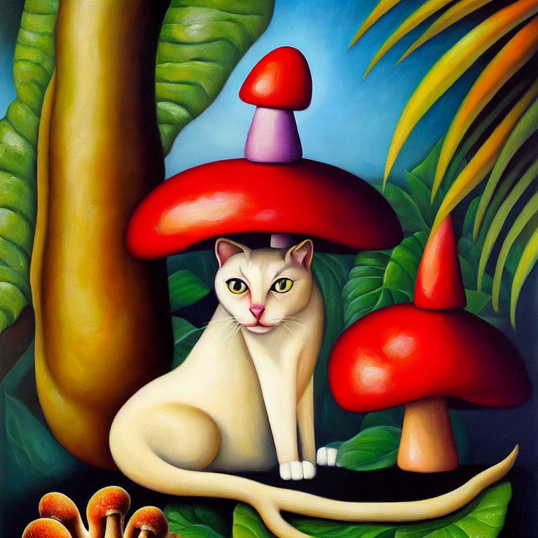 Colorful painting of a cat under red mushroom in tropical setting