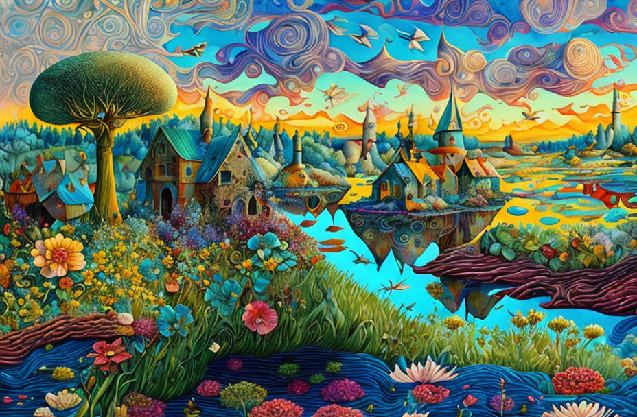 Colorful painting of whimsical landscape with floating islands.