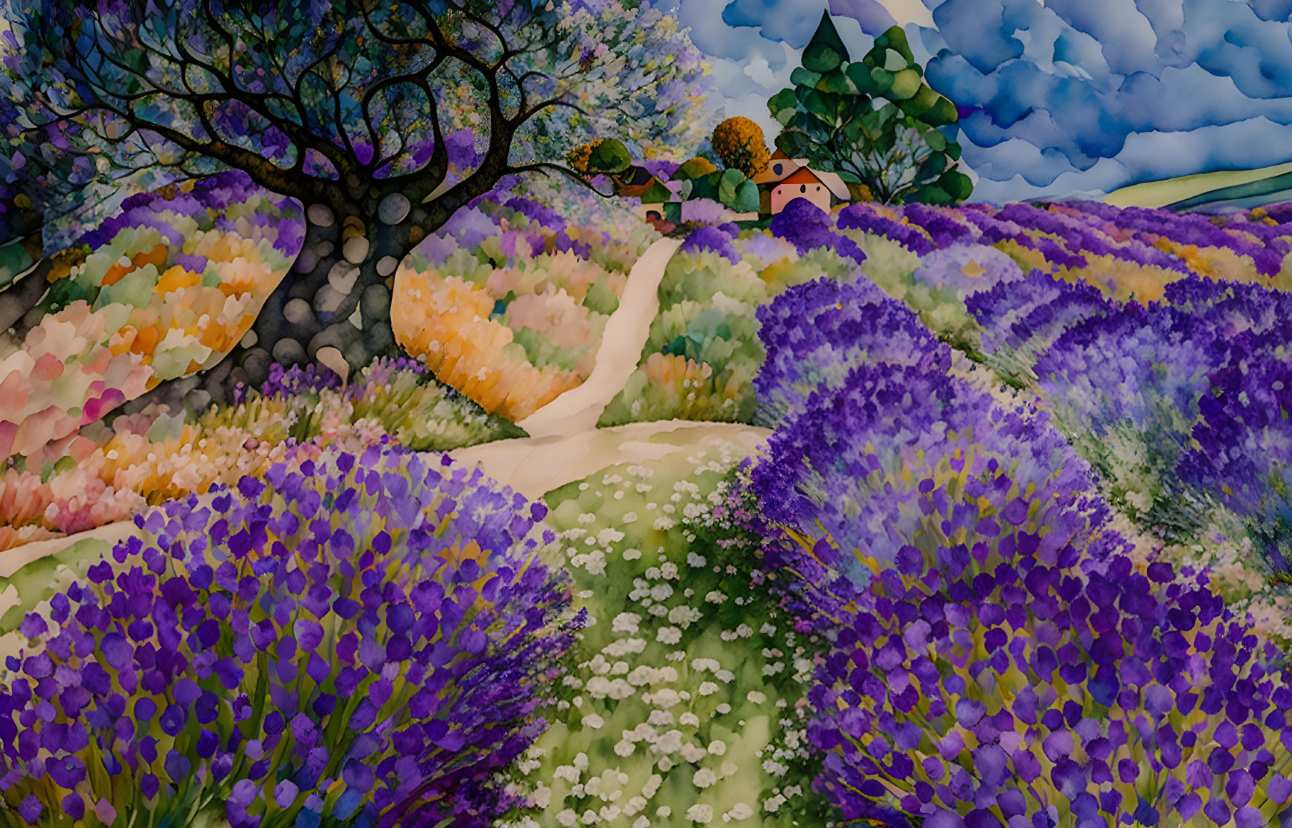 Colorful illustration of lavender fields, blooming flowers, stone path, house, and tree under cloudy