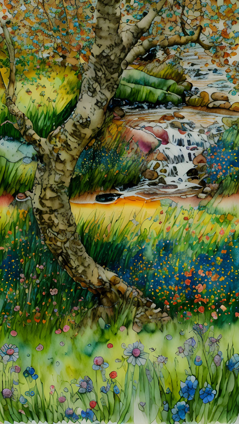 Serene forest scene with birch tree, stream, & wildflowers