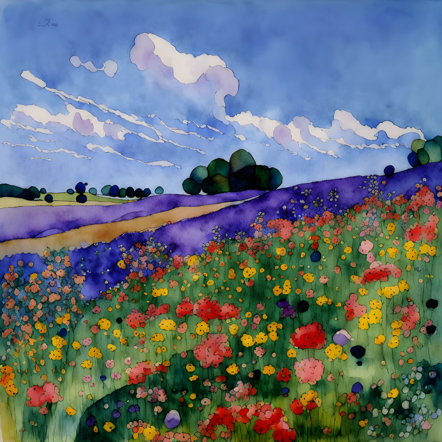 Colorful Watercolor Painting of Wildflower Meadow & Purple Hills