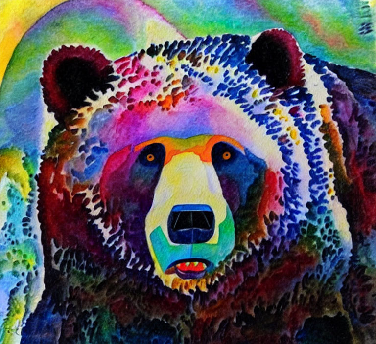 Colorful Watercolor Painting of Bear's Face with Expressive Eyes