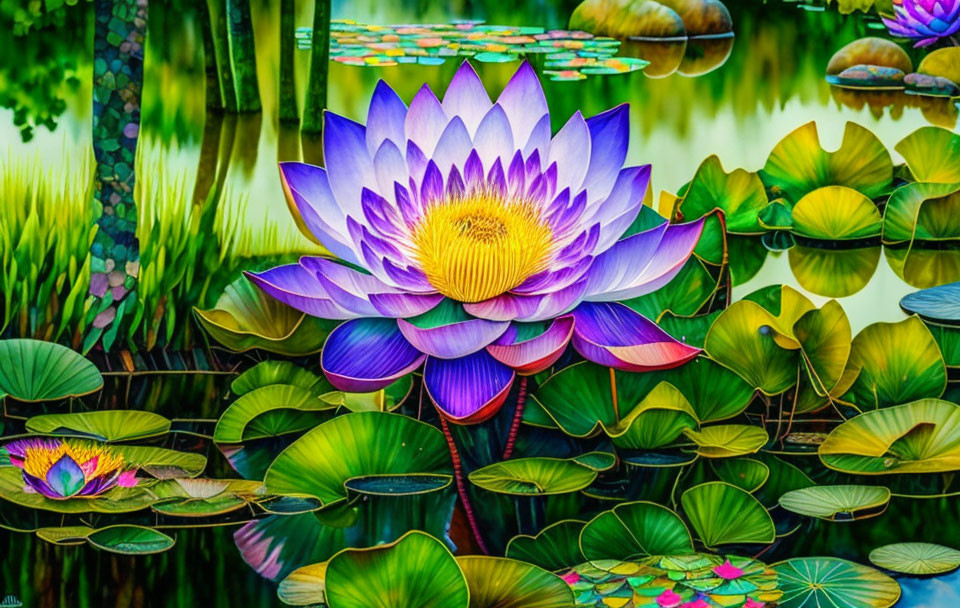 Vibrant Purple Water Lily with Yellow Center on Reflective Water