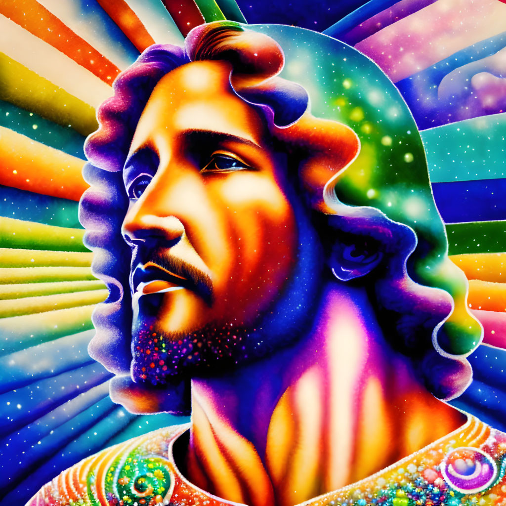 Colorful Psychedelic Portrait of Man with Stylized Beard and Cosmic Motifs