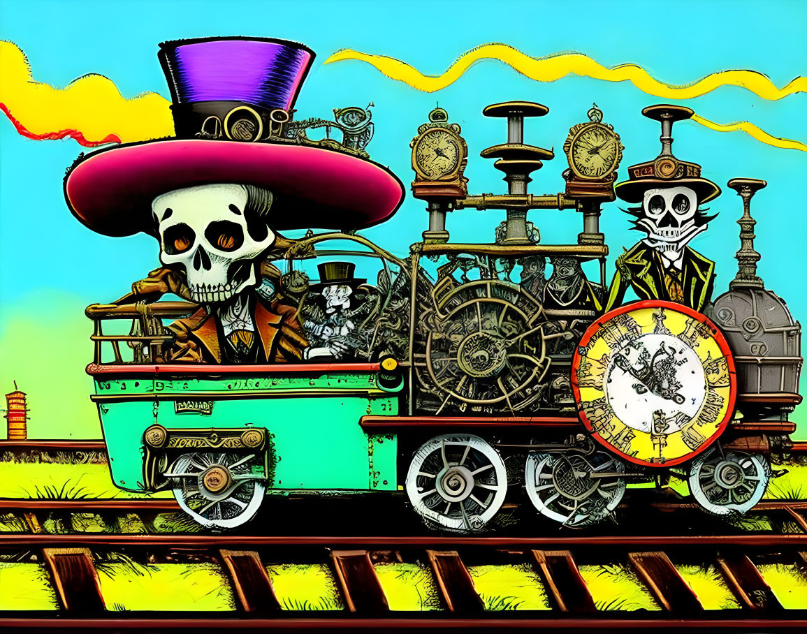 Colorful Steam Train Illustration with Victorian Skeletons and Gears