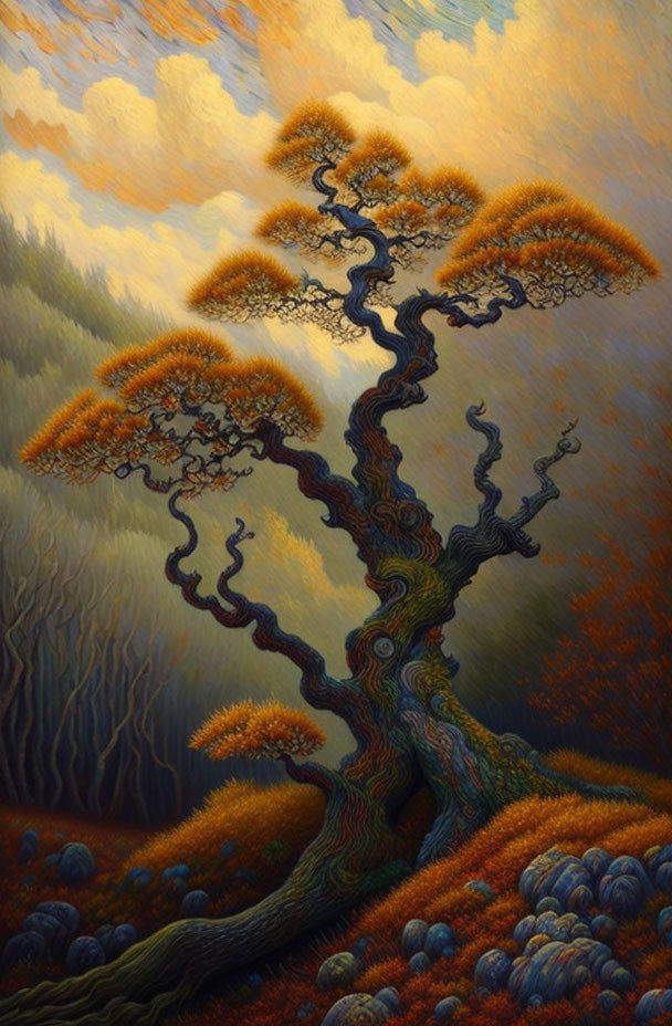 Twisted tree painting with vibrant orange foliage on rolling hills