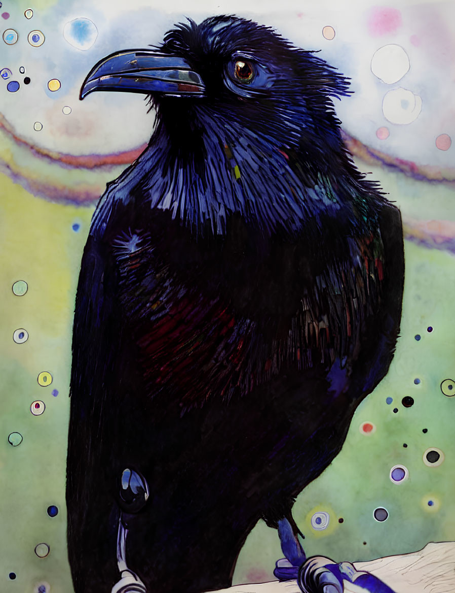 Colorful Raven Illustration with Iridescent Feathers and Whimsical Background