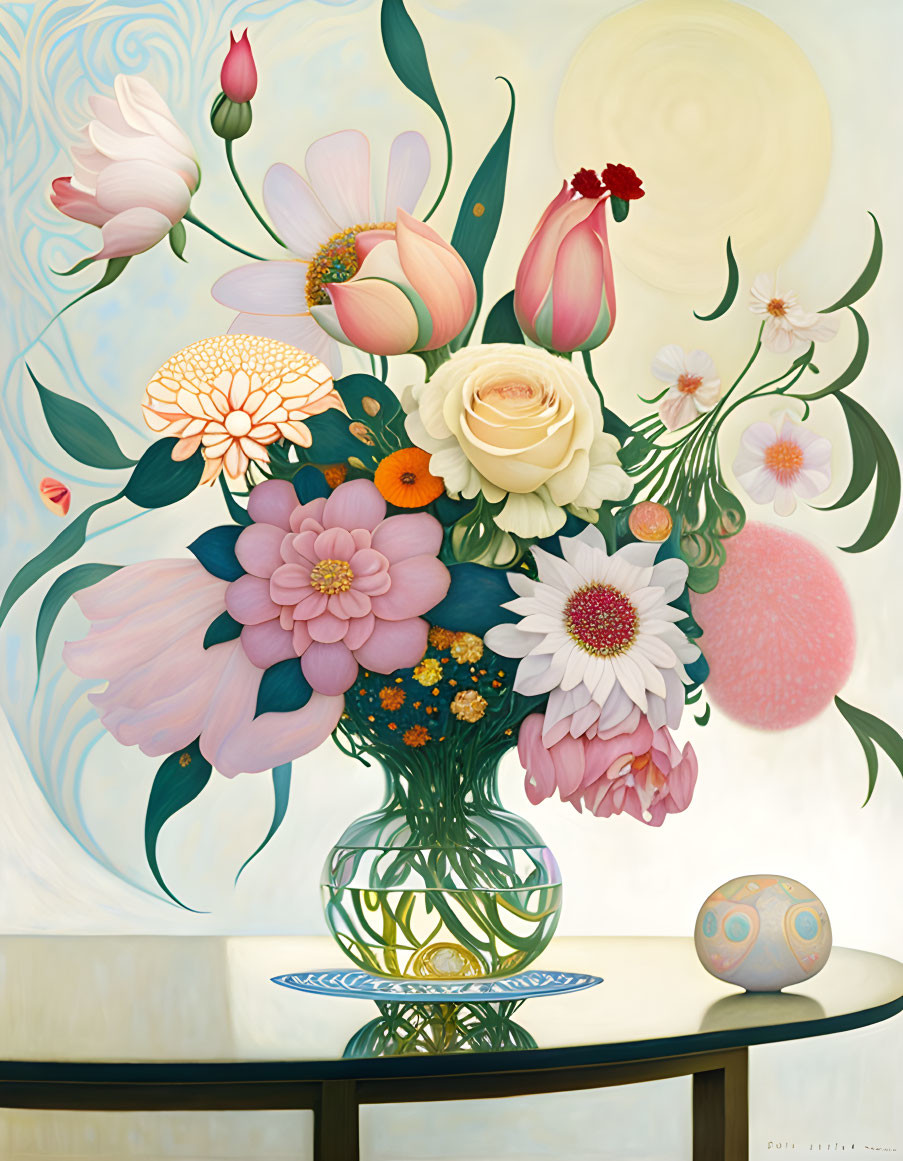 Colorful floral bouquet in vase with orb on table