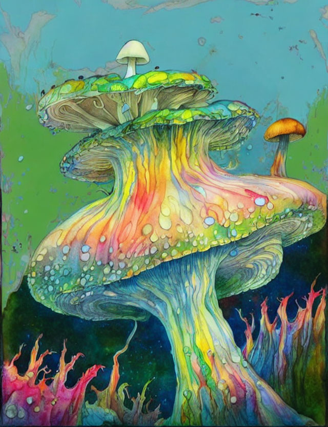 Colorful Fantasy Mushrooms Illustration on Teal Background