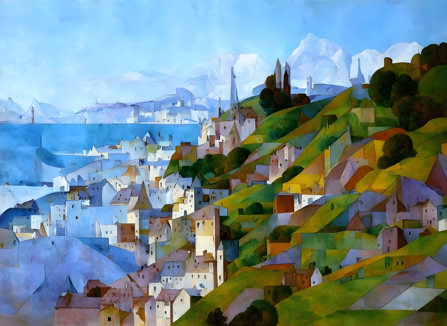 Colorful Stylized Landscape Painting with Hills, Houses, Sea, and Mountains