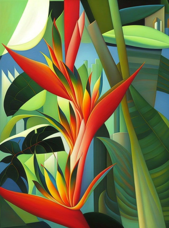 Colorful Bird of Paradise Flower Painting with Abstract Foliage