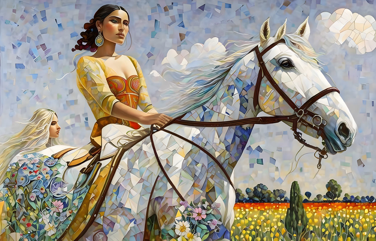 Stylized painting of women on horse with geometric mosaic background