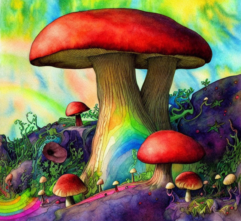 Fantasy landscape with oversized red mushrooms and rainbow