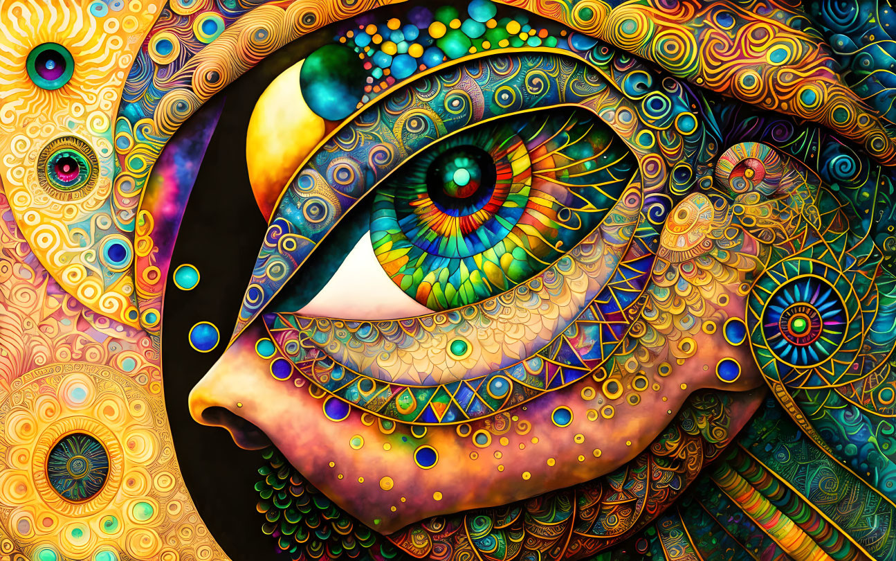 Colorful Psychedelic Digital Artwork with Abstract Face and Detailed Patterns