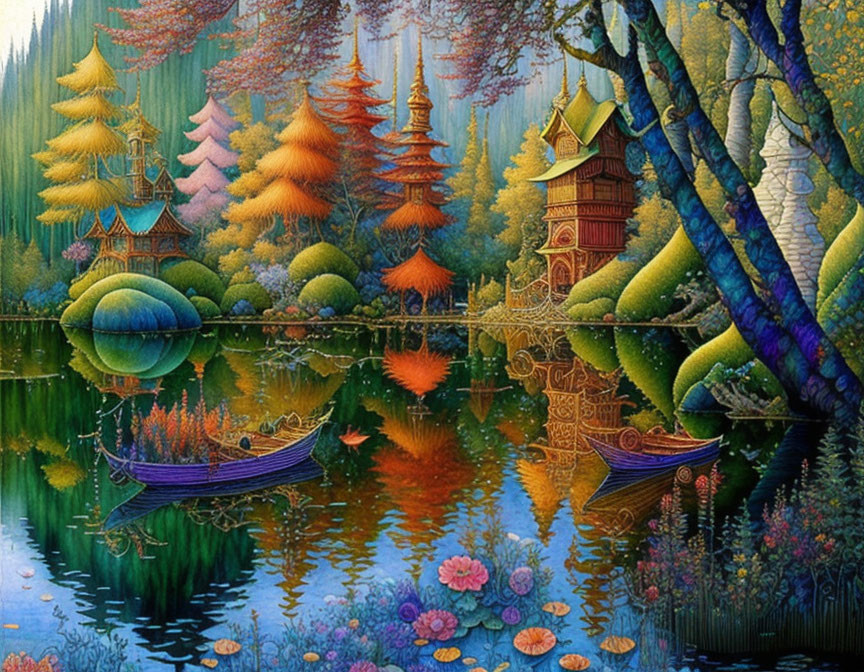 Colorful landscape painting with trees, lake, boats, and traditional buildings in a dreamlike forest.